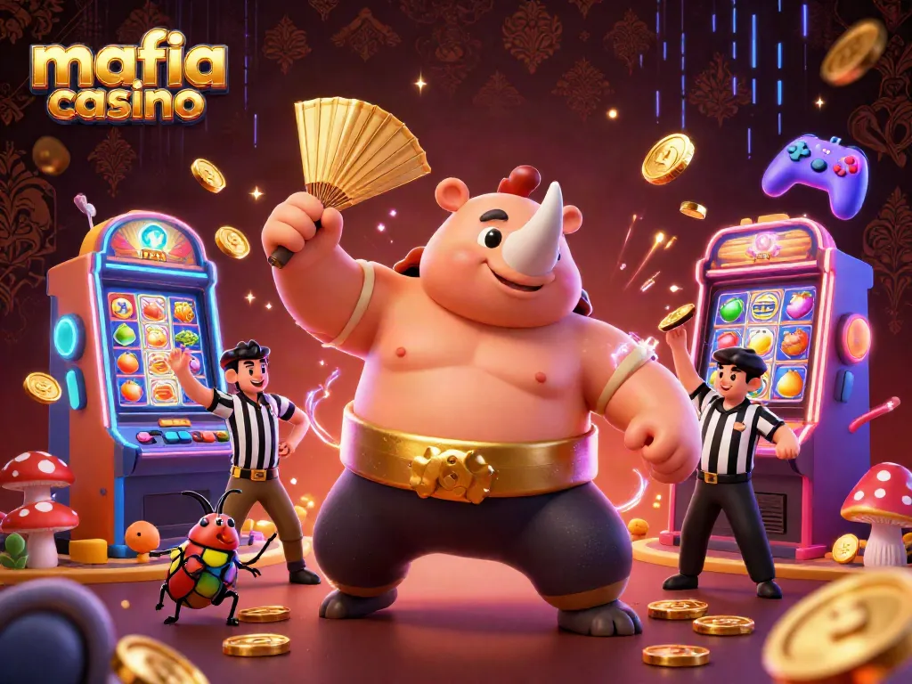 Mafia casino scene showcasing a rhinoceros beetle sumo champion amidst flying coins and colorful slot machines celebrating big wins.