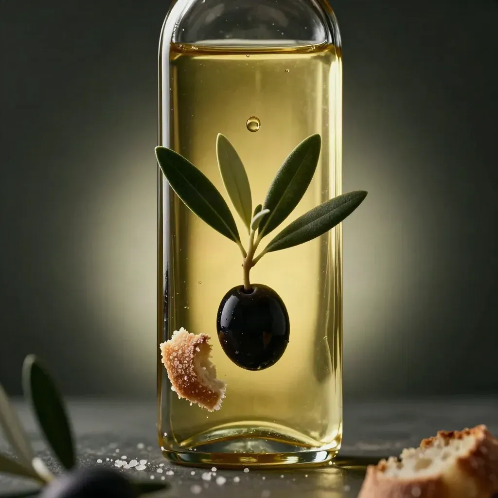 Bottiglia di olio toscano con oliva, ulivo, pane rustico e sale su sfondo scuro.