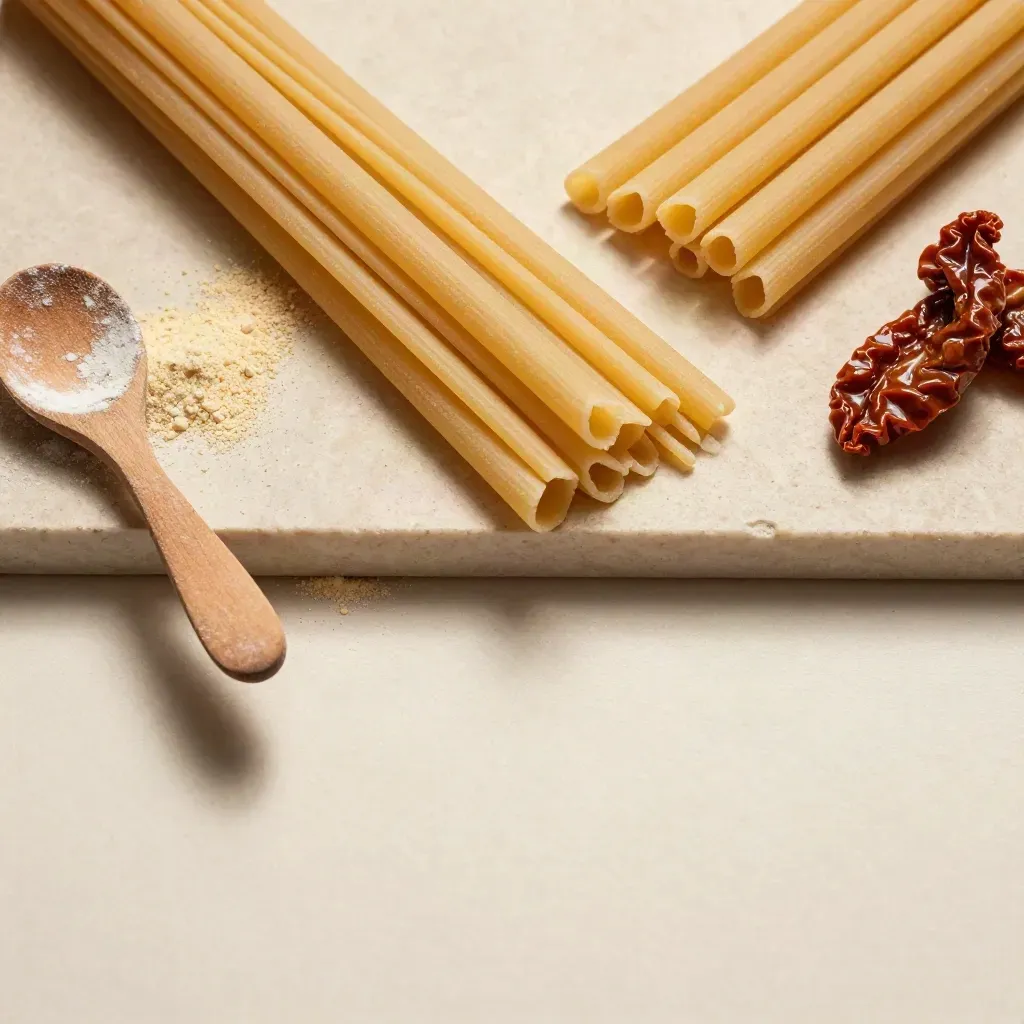 Paccheri crudi in ventaglio con semola, cucchiaio di legno e pomodorini secchi su pietra crema