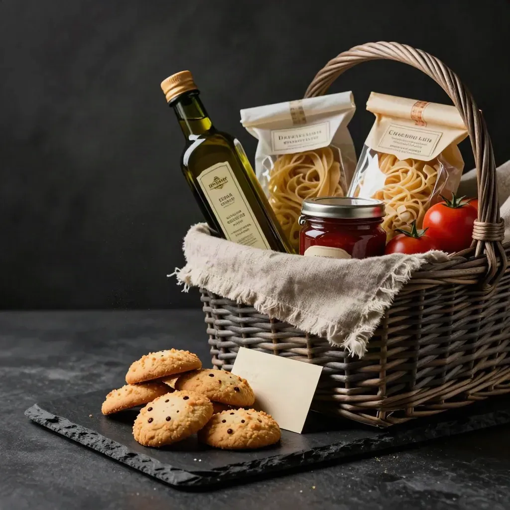 Cesto regalo intrecciato con olio, pasta, conserve e biscotti su ardesia scura, luce drammatica.