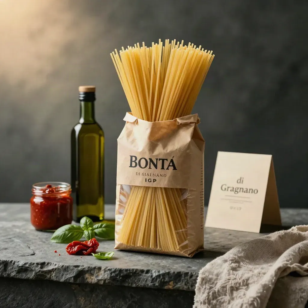 Sacchetto di pasta con olio EVO, sugo, pomodori secchi e basilico su pietra scura.