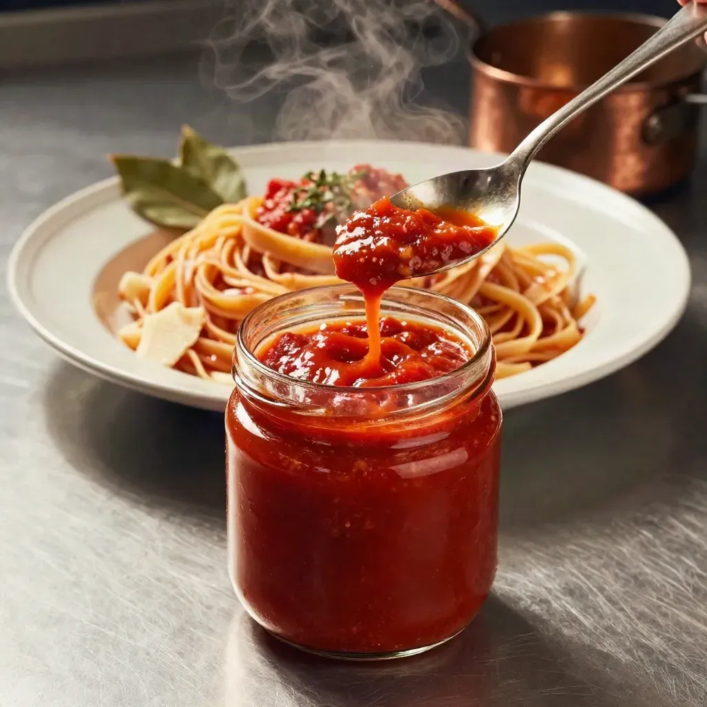 Barattolo di ragù con tagliatelle, alloro, parmigiano e mestolo di rame in cucina fumante.