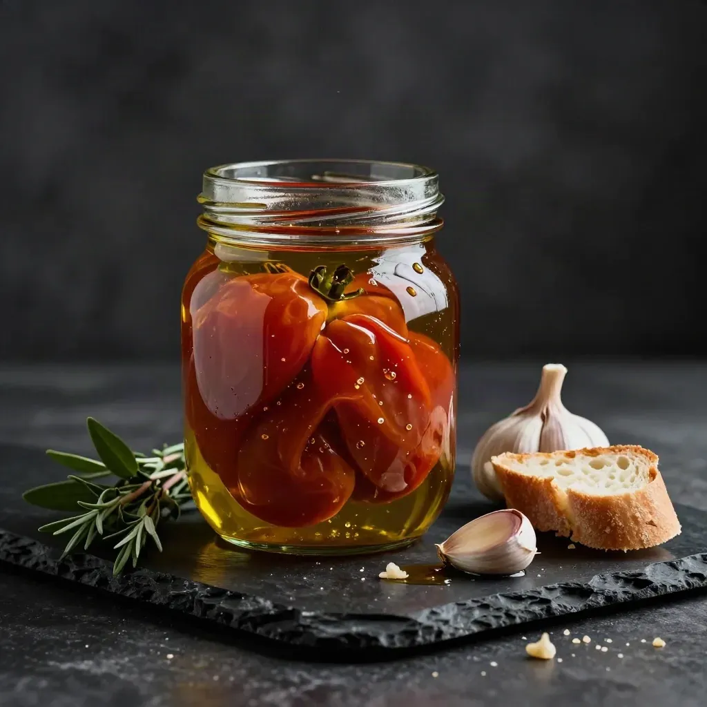 Barattolo di pomodori secchi sott’olio con aglio, origano e pane croccante su fondo nero.