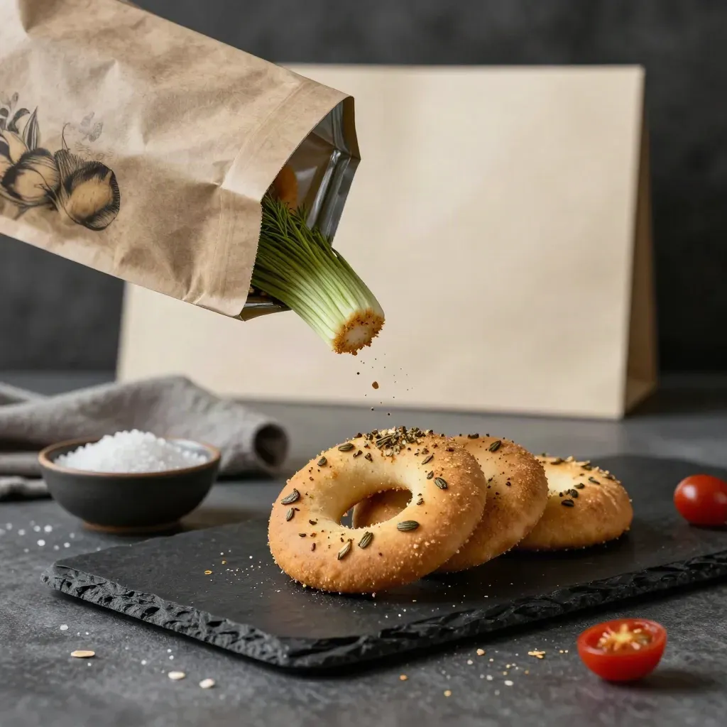 Taralli al finocchio in arco su ardesia nera con sale, lino e sacchetto neutro.