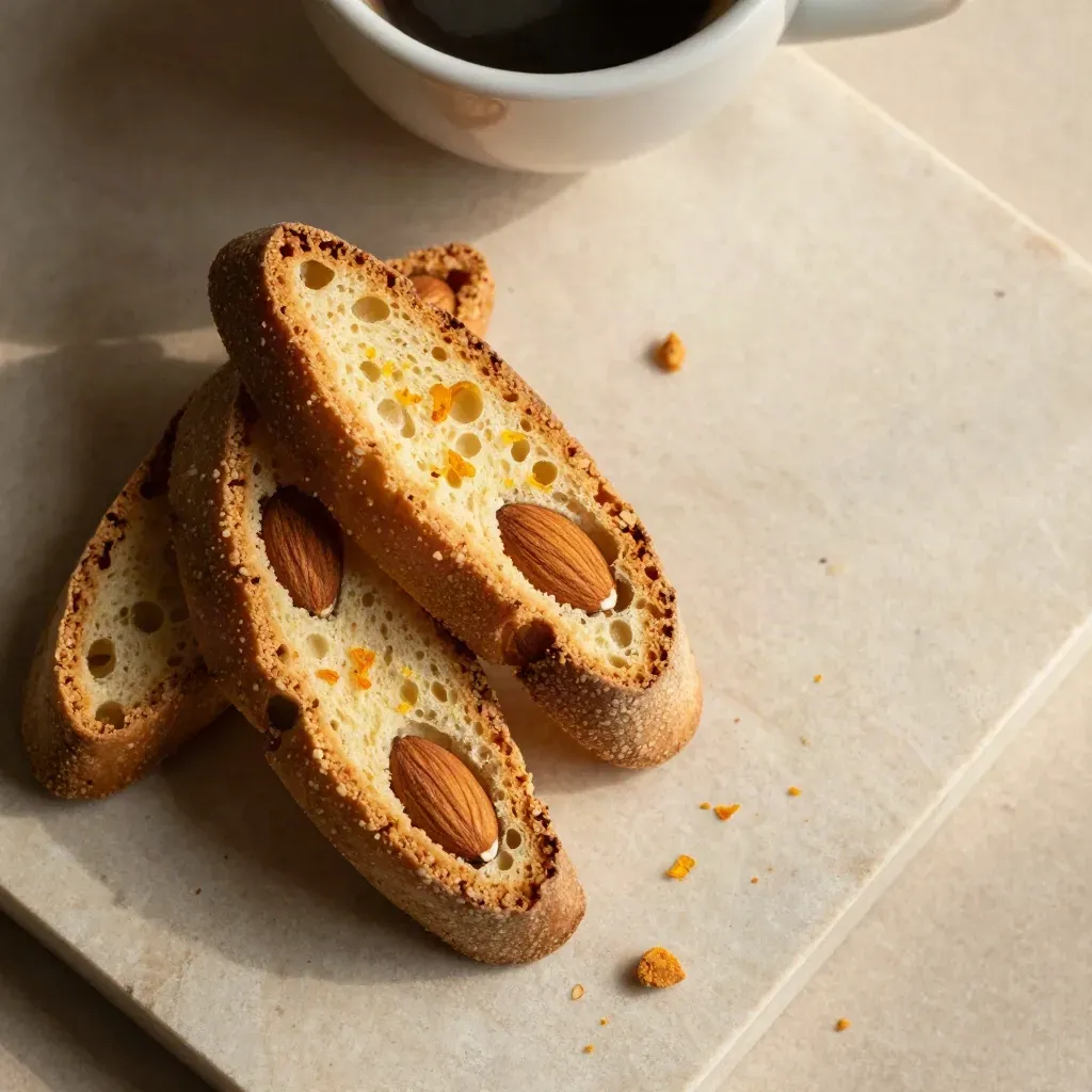 Cantucci dorati spezzati con mandorle e scorza d'arancia su pietra chiara, tazza sfocata.