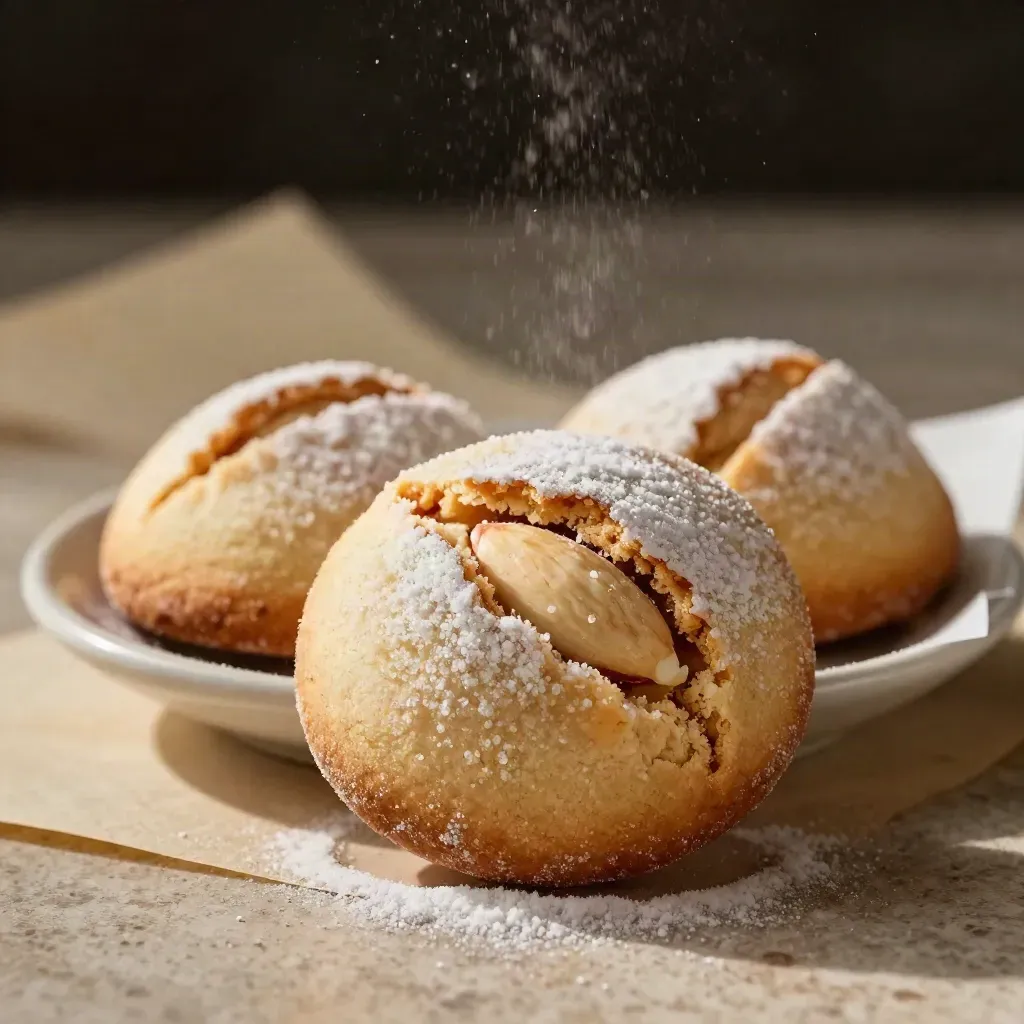 Amaretti morbidi con zucchero a velo, mandorla e carta velina su piattino di ceramica.