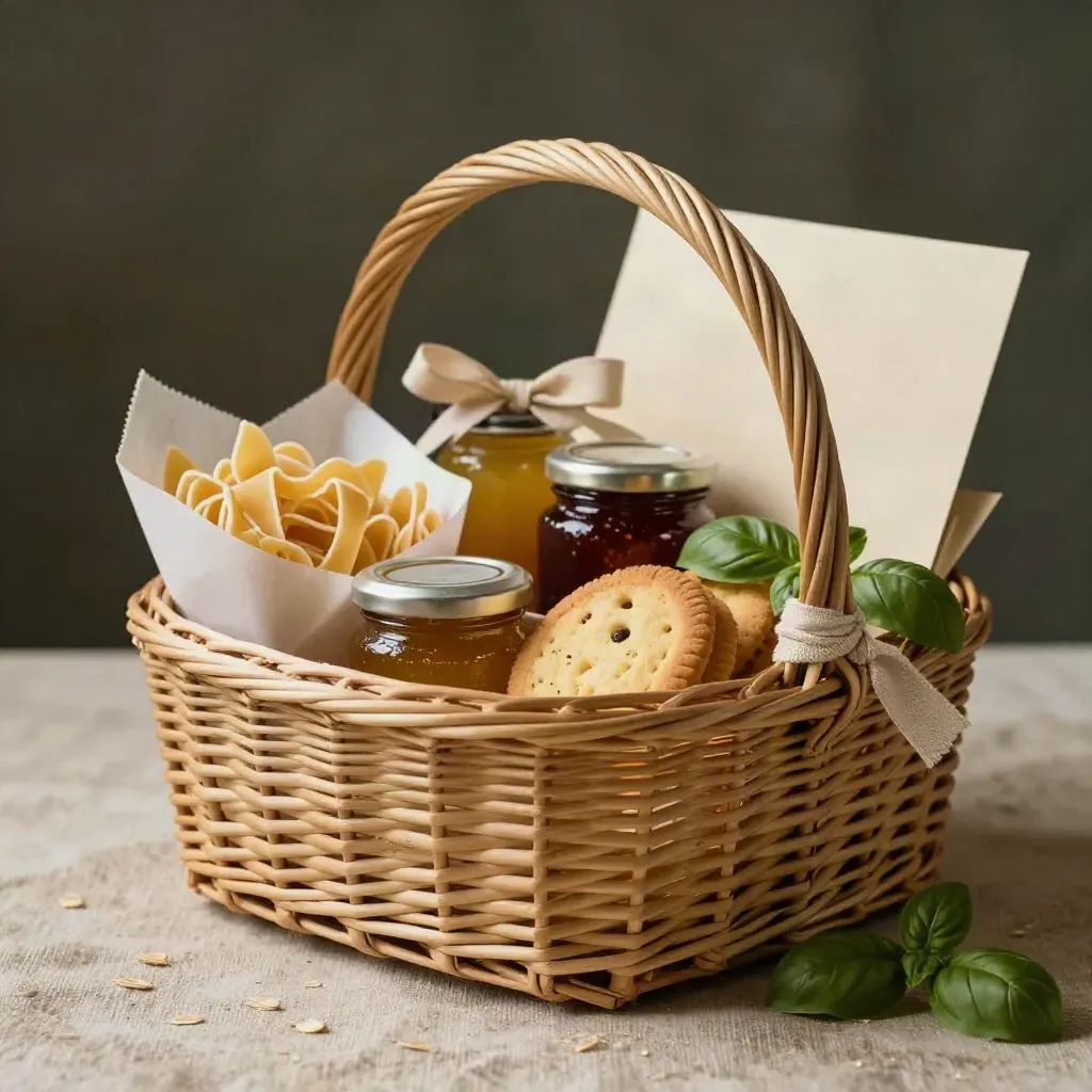 Cesto regalo classico aperto con pasta, biscotti, conserve e nastro naturale su lino grezzo.