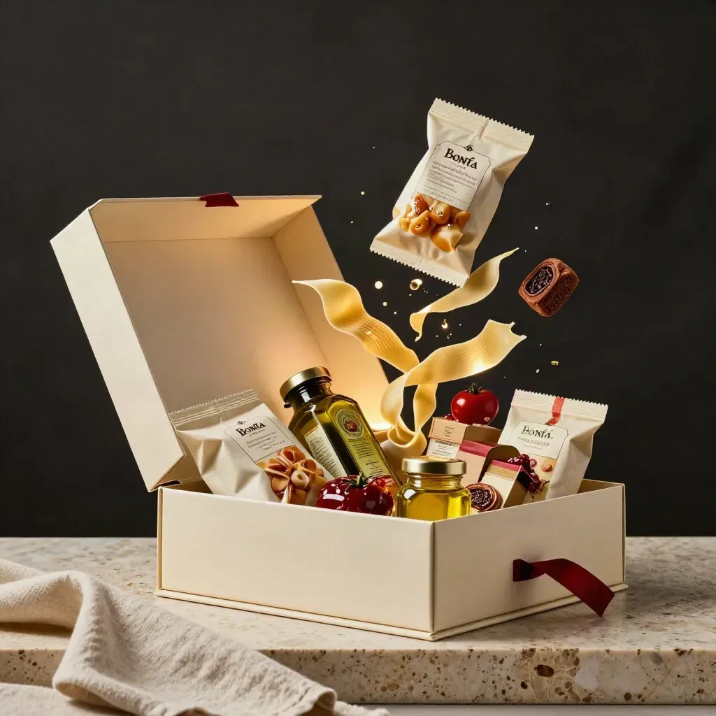 Box regalo aperto con pasta, olio, sughi e dolci su sfondo scuro
