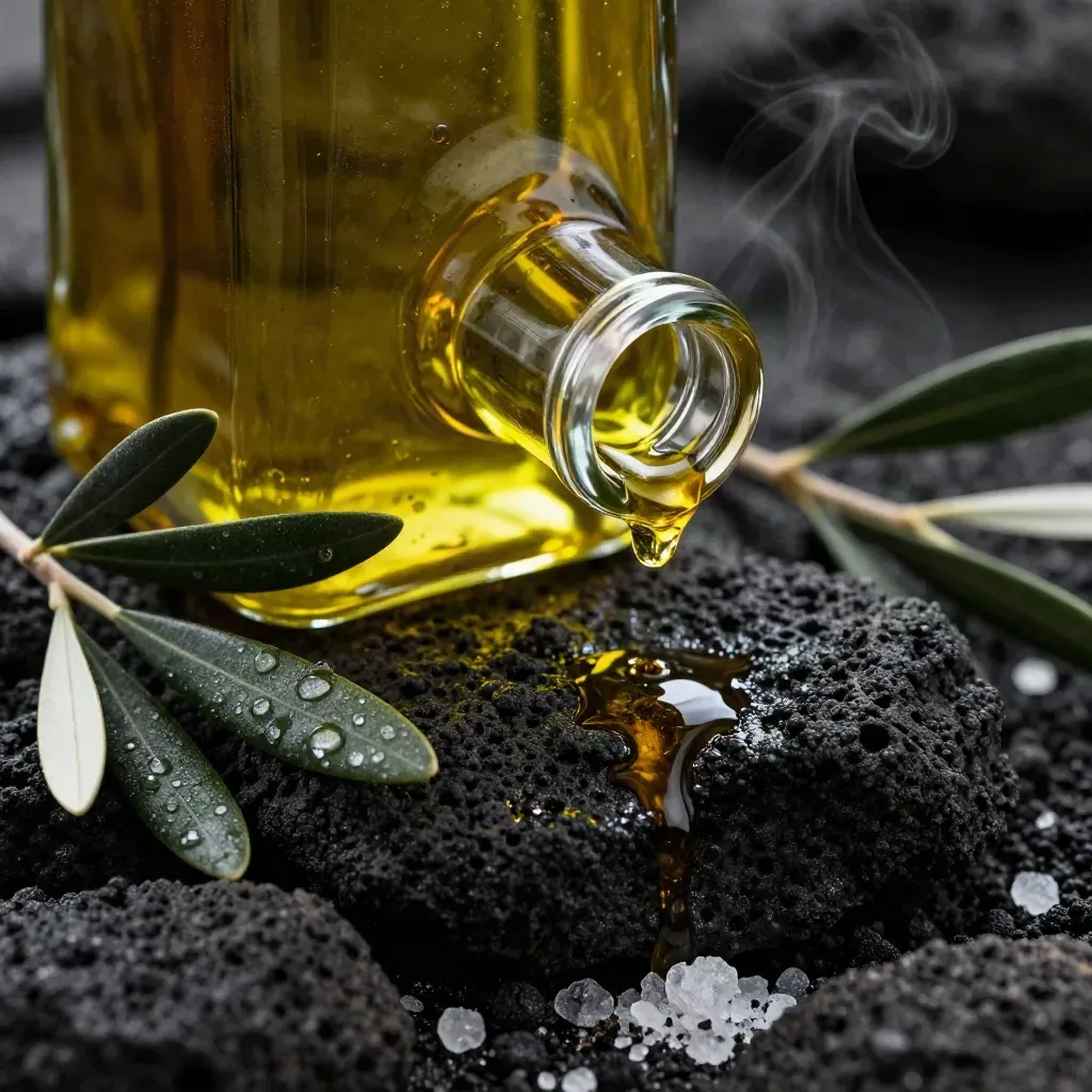 Bottiglia di olio EVO su pietra lavica umida con foglie di agrumi e sale.