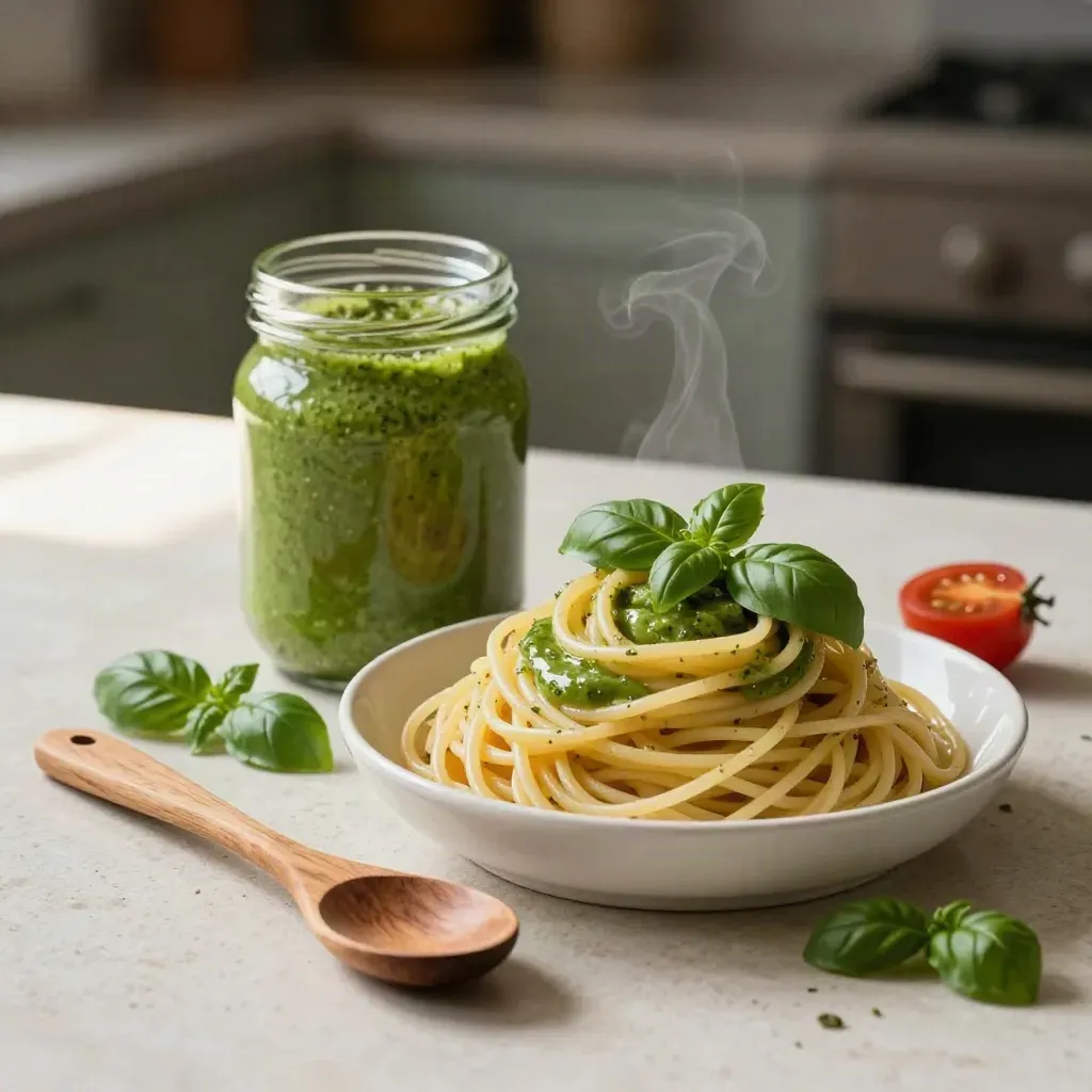 Barattolo di sugo al basilico con spaghetti fumanti, basilico e cucchiaio su pietra chiara.