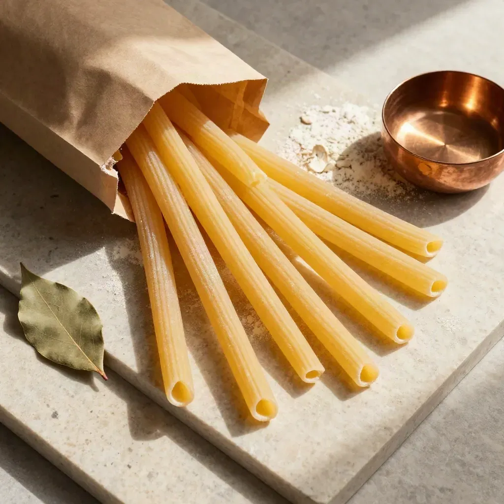 Pasta secca in sacchetto neutro con semola, alloro e ciotola di rame su pietra chiara.