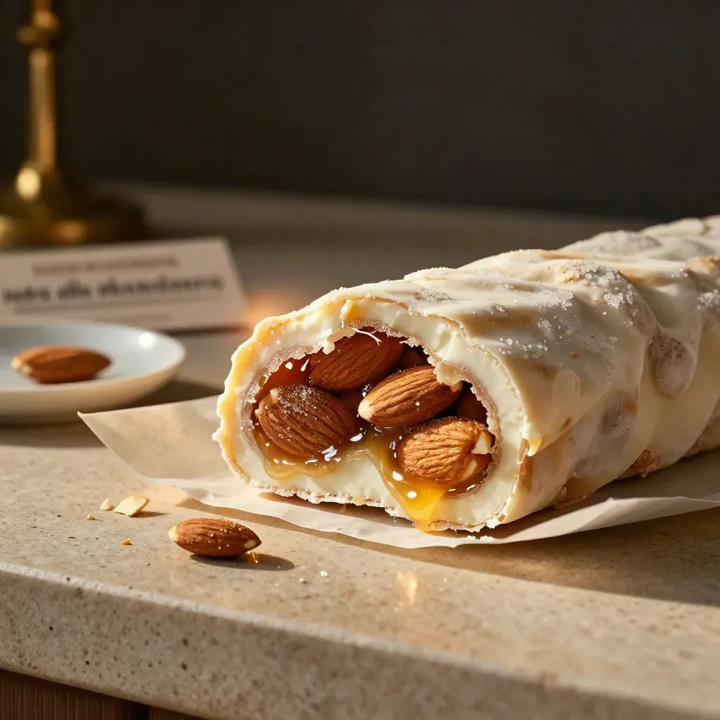 Torrone morbido alle mandorle spezzato, con mandorle intere e piattino di ceramica.