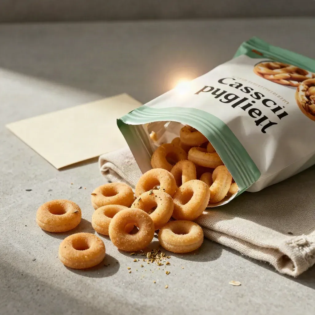 Sacchetto di taralli pugliesi con anelli sparsi, lino piegato e semi di finocchio su cemento chiaro.