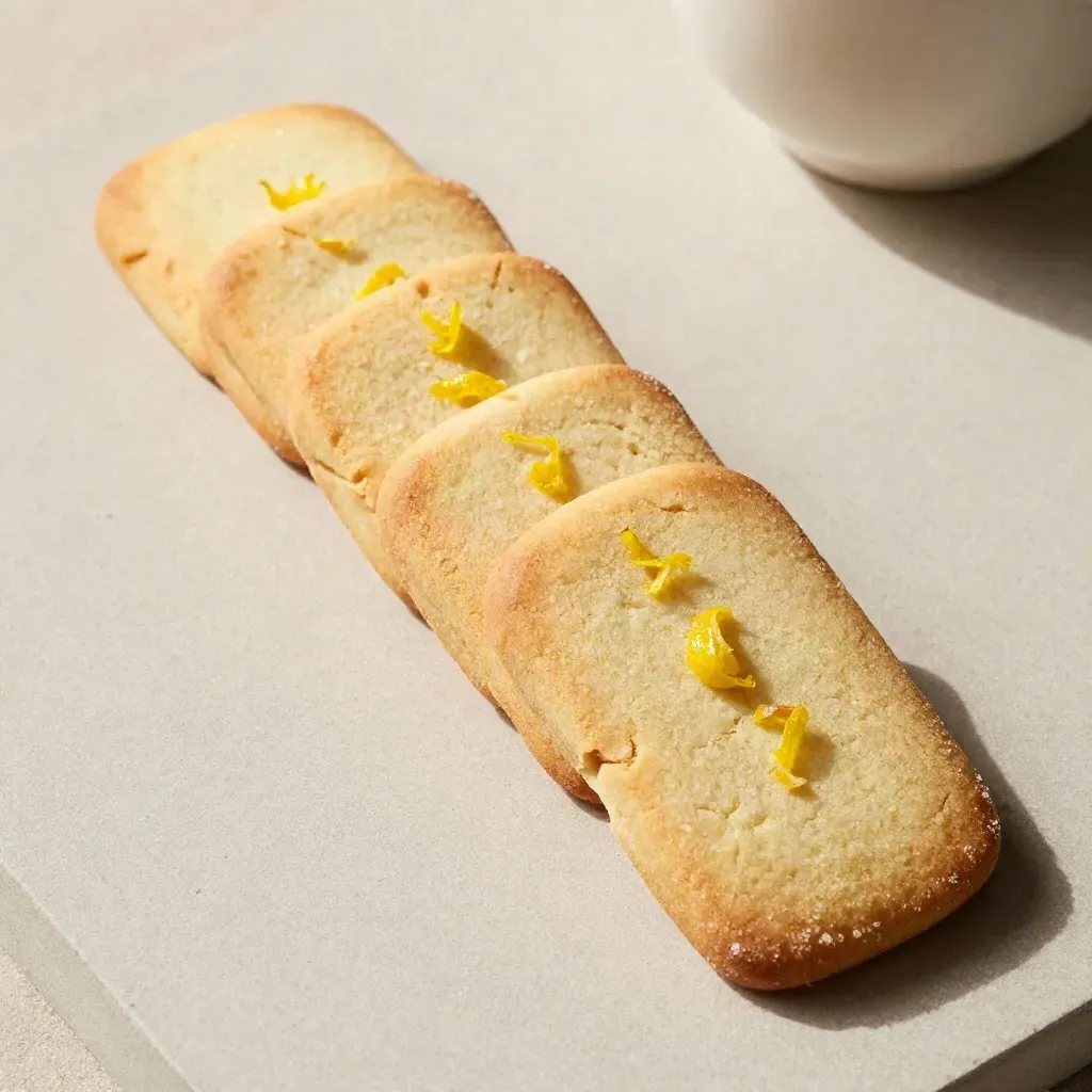 Biscotti frollini al limone in diagonale con scorze di limone e zucchero su fondo chiaro.