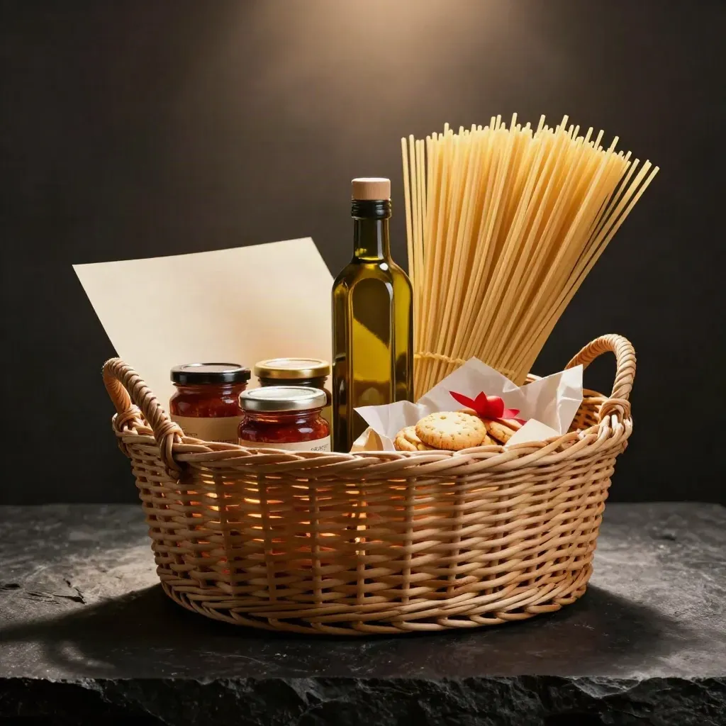 Cesto intrecciato con pasta, olio, sughi, biscotti e conserve su sfondo scuro elegante