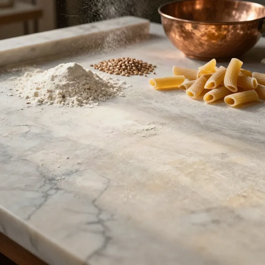 Banco di marmo chiaro con rigatoni, farina e ciotola di rame in luce mattutina.