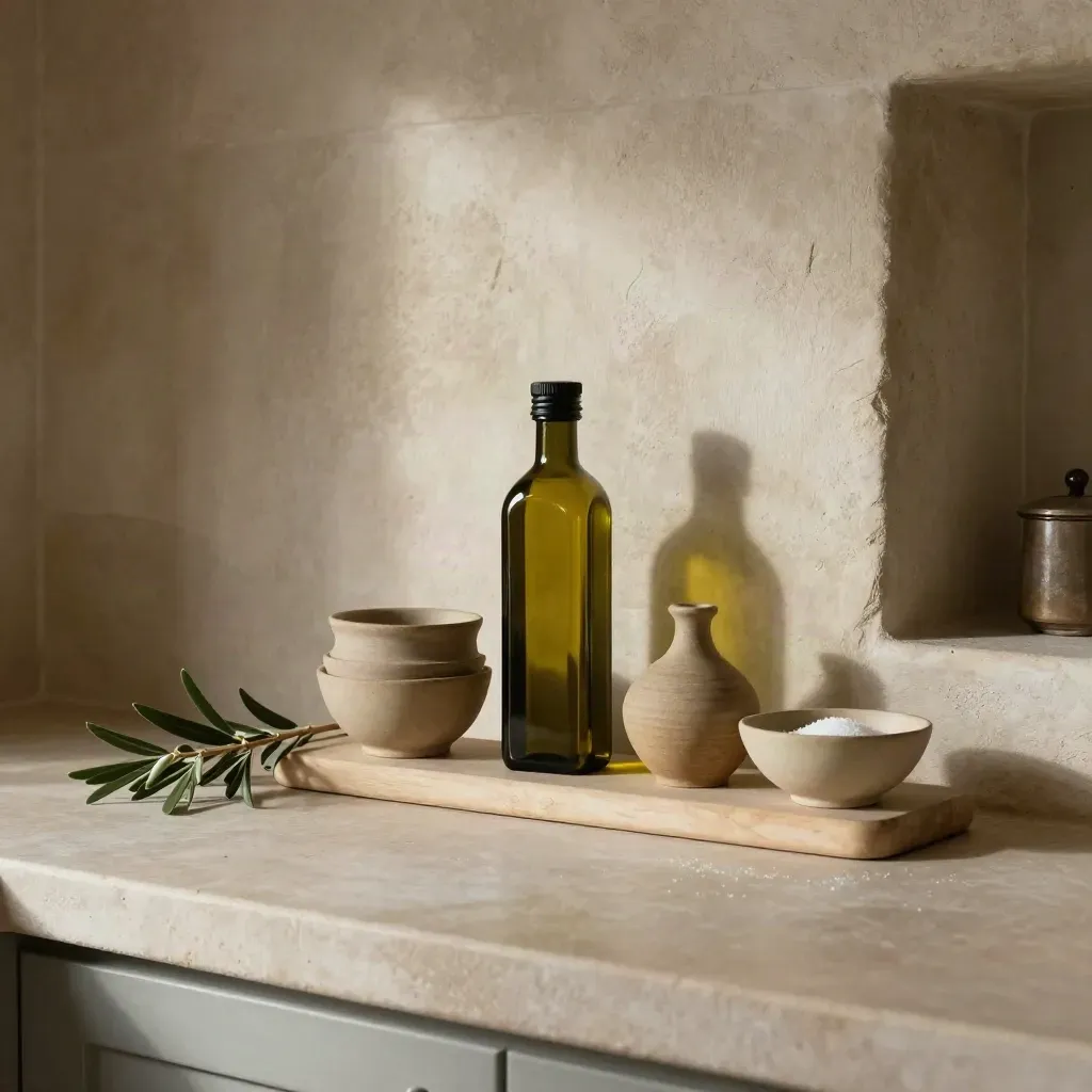Cucina rustica in pietra con oliere anonime, foglie d’ulivo e ceramiche neutre, luce radente.