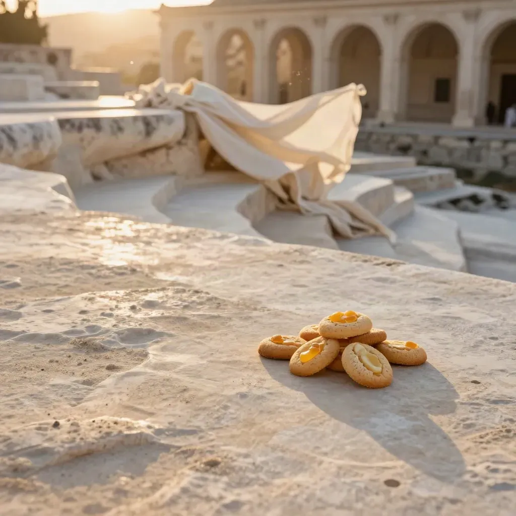 Terrazza in travertino al tramonto con biscotti, scorze di limone e teli chiari sfumati