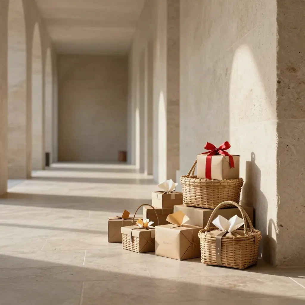 Corridoio di pietra chiara con cesti regalo artigianali e luce calda, spazio vuoto sotto.